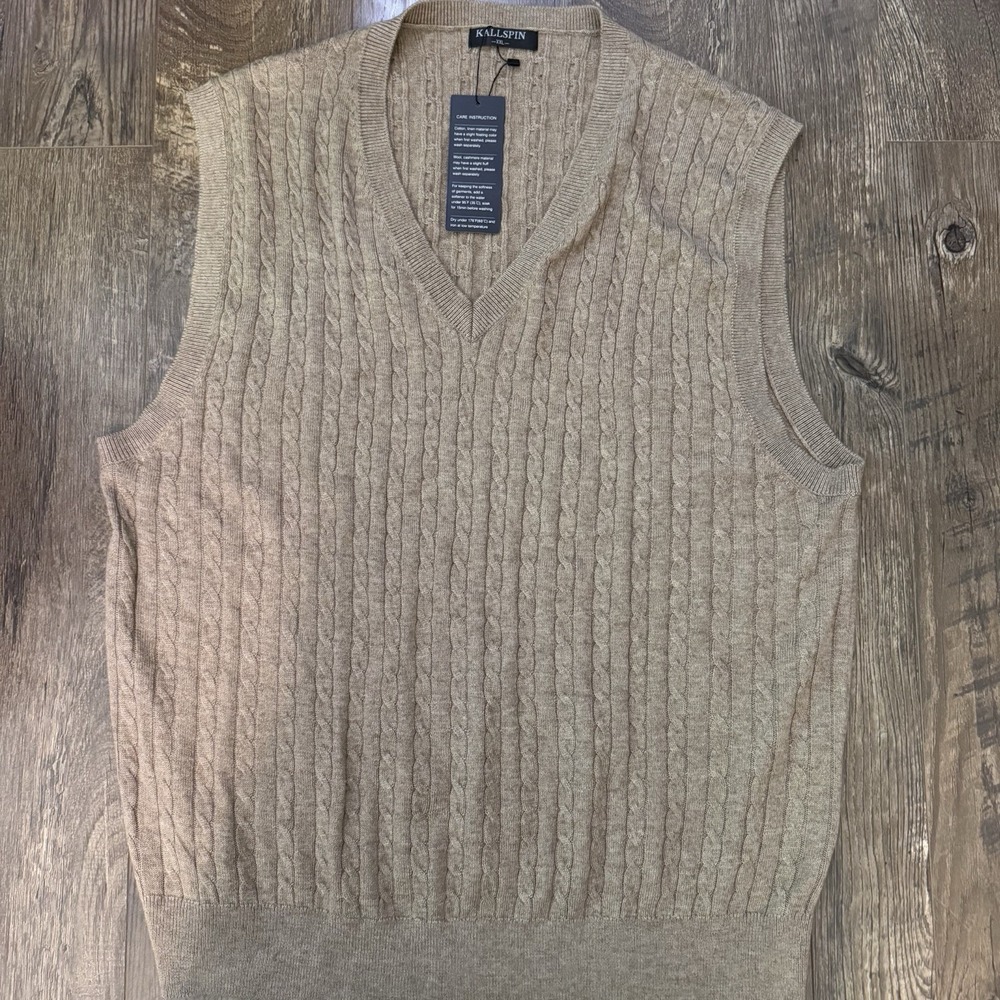 Kallspin Men Wool Blend Tan Cable Sweater V-neck Vest 2XL Preppy Golf Office